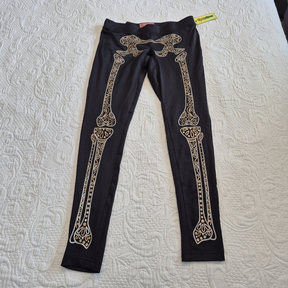 Tipsy Elves leggings small Day of the Dead Skeleton black silver bronze NEW